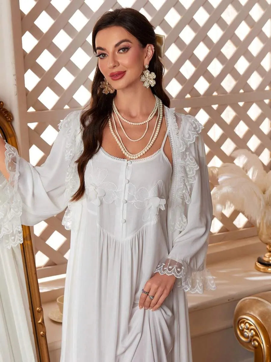 PalaceNights Camisole Sleep Dress and Contrast Lace Robe Elegant Pajama Set – White Women’s Sleepwear for Holiday Season, Vacation, and Lounging