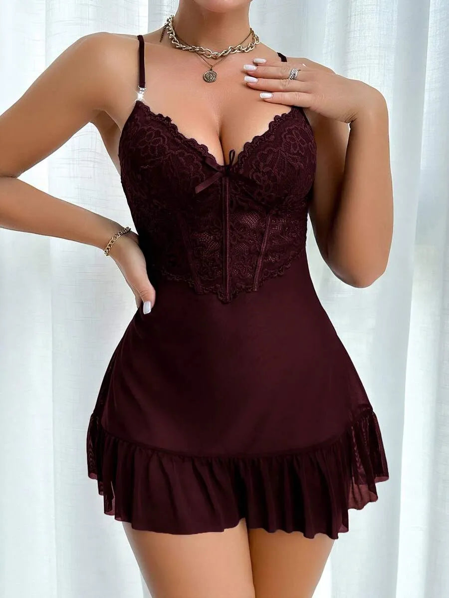 2-Piece Women’s Fishbone Thread Drawstring Lace Cami Dress and 3D Floral Wide Sleeve Mesh Robe Set – Elegant and Stylish Sleepwear for Comfortable Lounging and Special Occasions