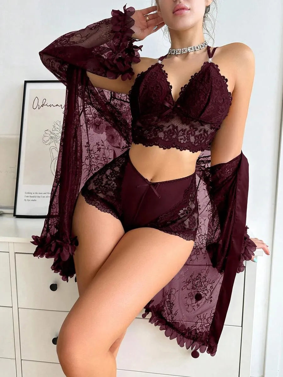 SilkySpell Women’s Lace Patchwork Sexy Sleepwear Set – Elegant and Comfortable Nightwear for Romantic Evenings and Lounging at Home