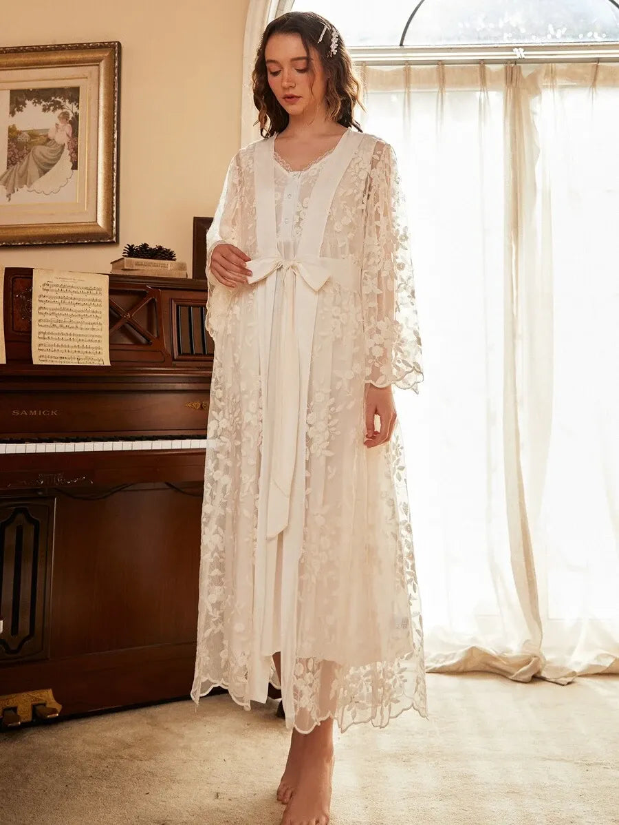 Women’s Floral Embroidery Pajama Nightdress and Tie Front Robe Set – Elegant White Sleepwear for Vacation, Lounging, and Comfortable Nights