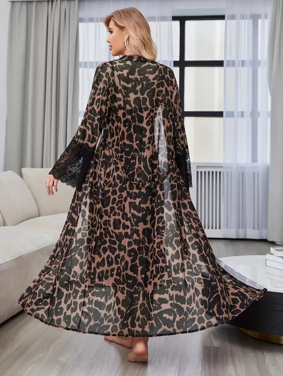 Women’s Leopard Print Lace Mesh Slip Dress and Belted Robe Pajama Set – Stylish and Comfortable Sleepwear for Lounging and Relaxing at Home