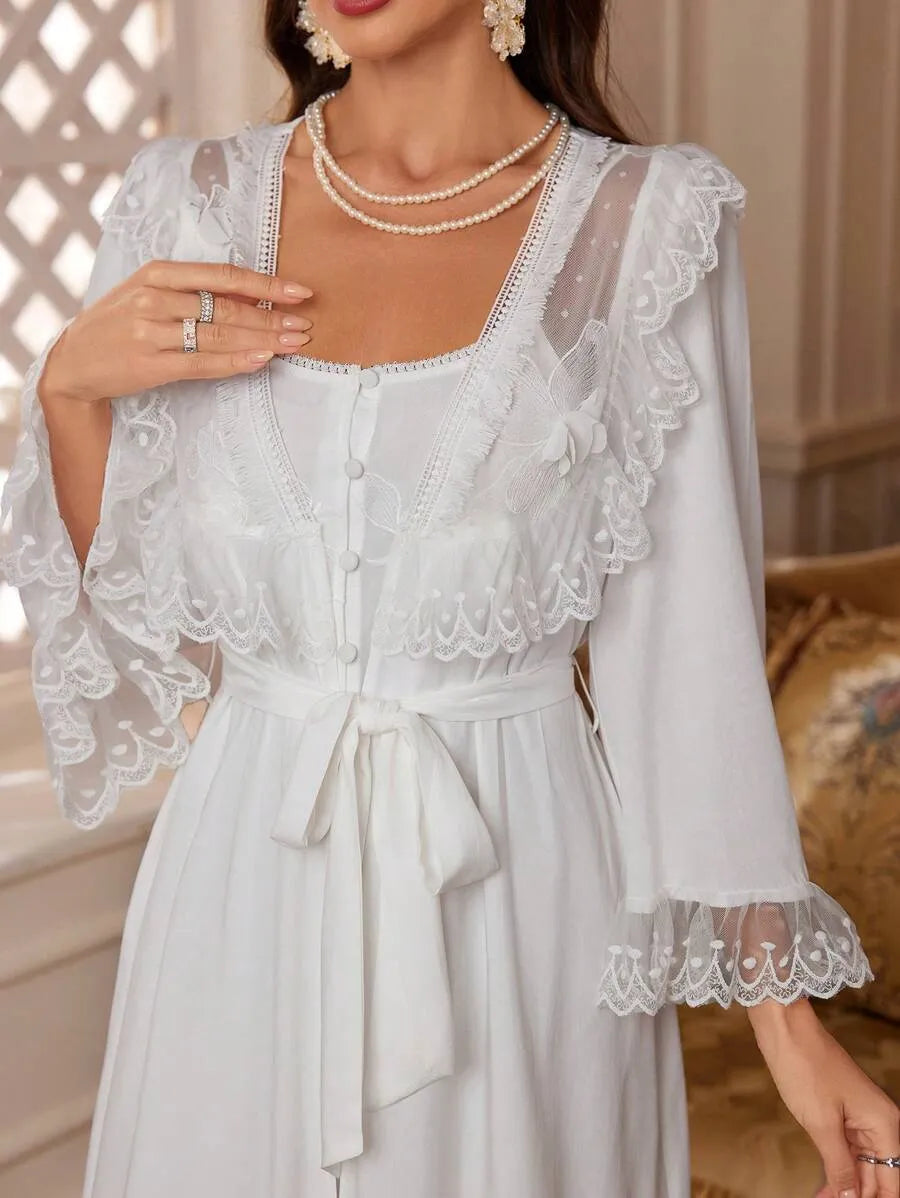 PalaceNights Camisole Sleep Dress and Contrast Lace Robe Elegant Pajama Set – White Women’s Sleepwear for Holiday Season, Vacation, and Lounging