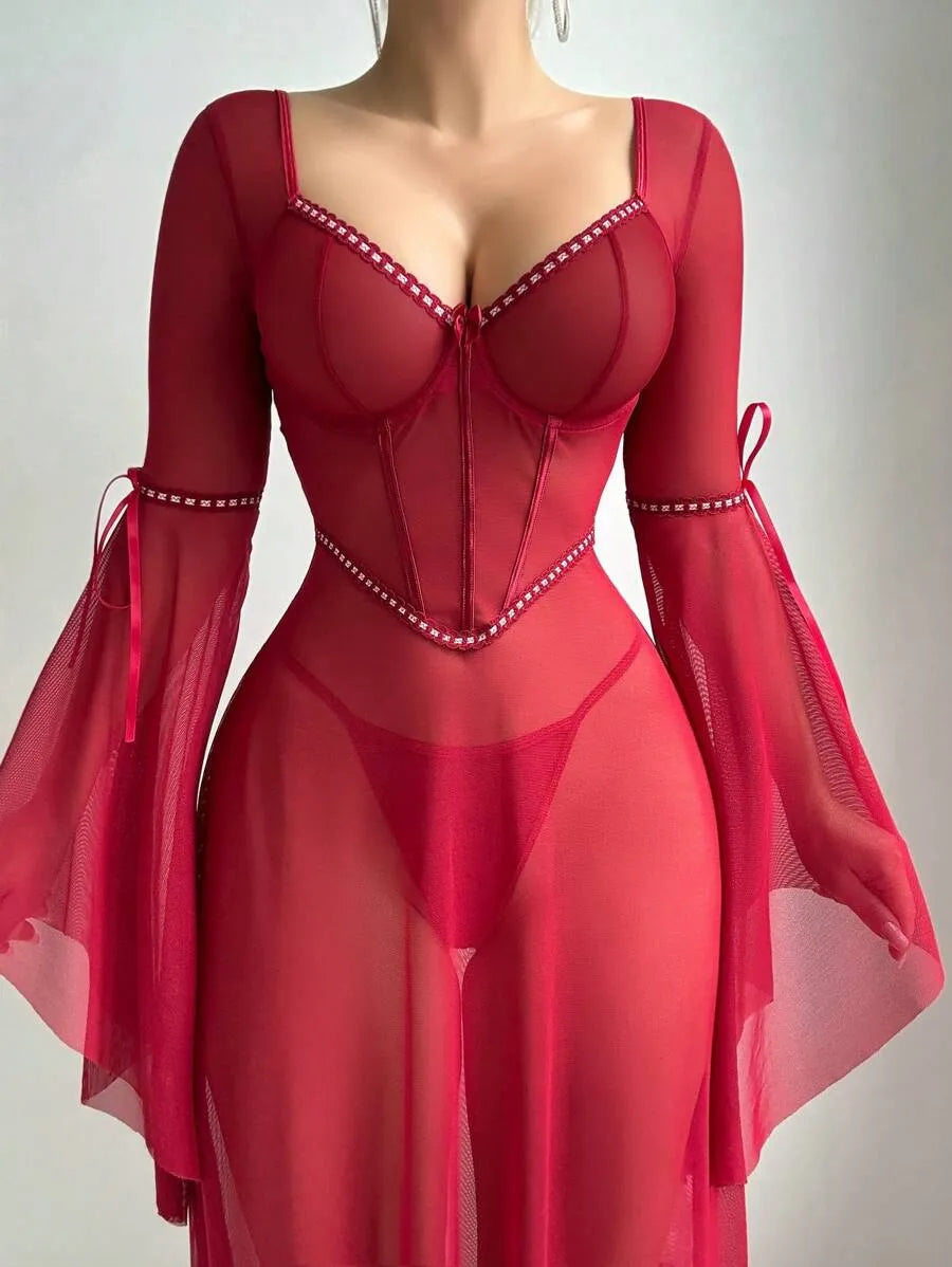 2-Piece Valentine's Gothic Sexy Ruffled Long Sleeve Underwire Dress and Thong Set – Elegant and Alluring Lingerie for Romantic Evenings and Special Occasions