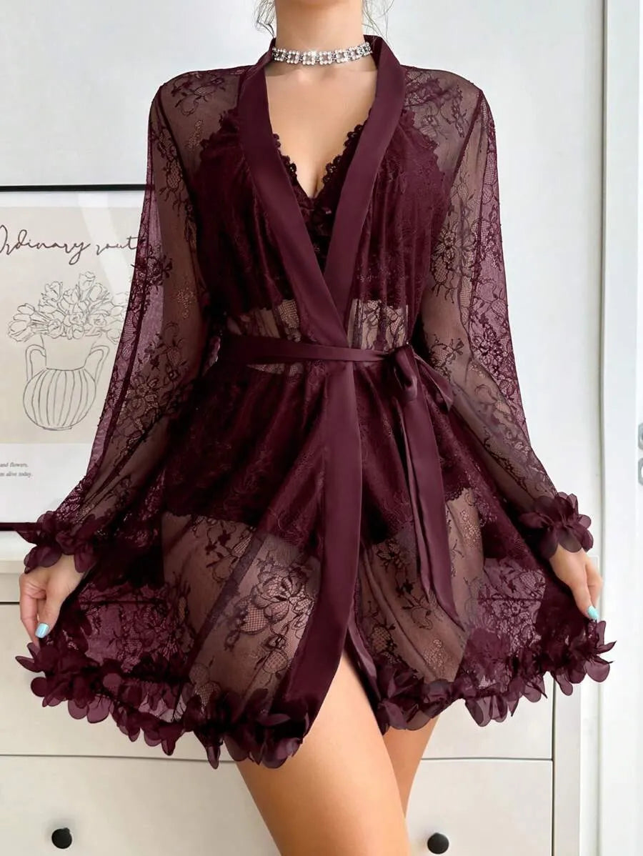 SilkySpell Women’s Lace Patchwork Sexy Sleepwear Set – Elegant and Comfortable Nightwear for Romantic Evenings and Lounging at Home