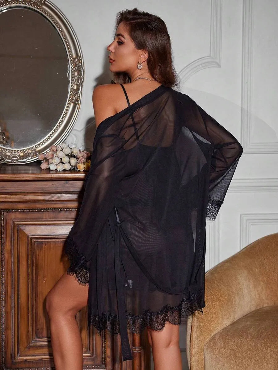 Women’s Contrast Lace Long Sleeve Robe and Strap Sleepwear Set – Elegant and Comfortable Loungewear for Relaxing at Home and Sleep