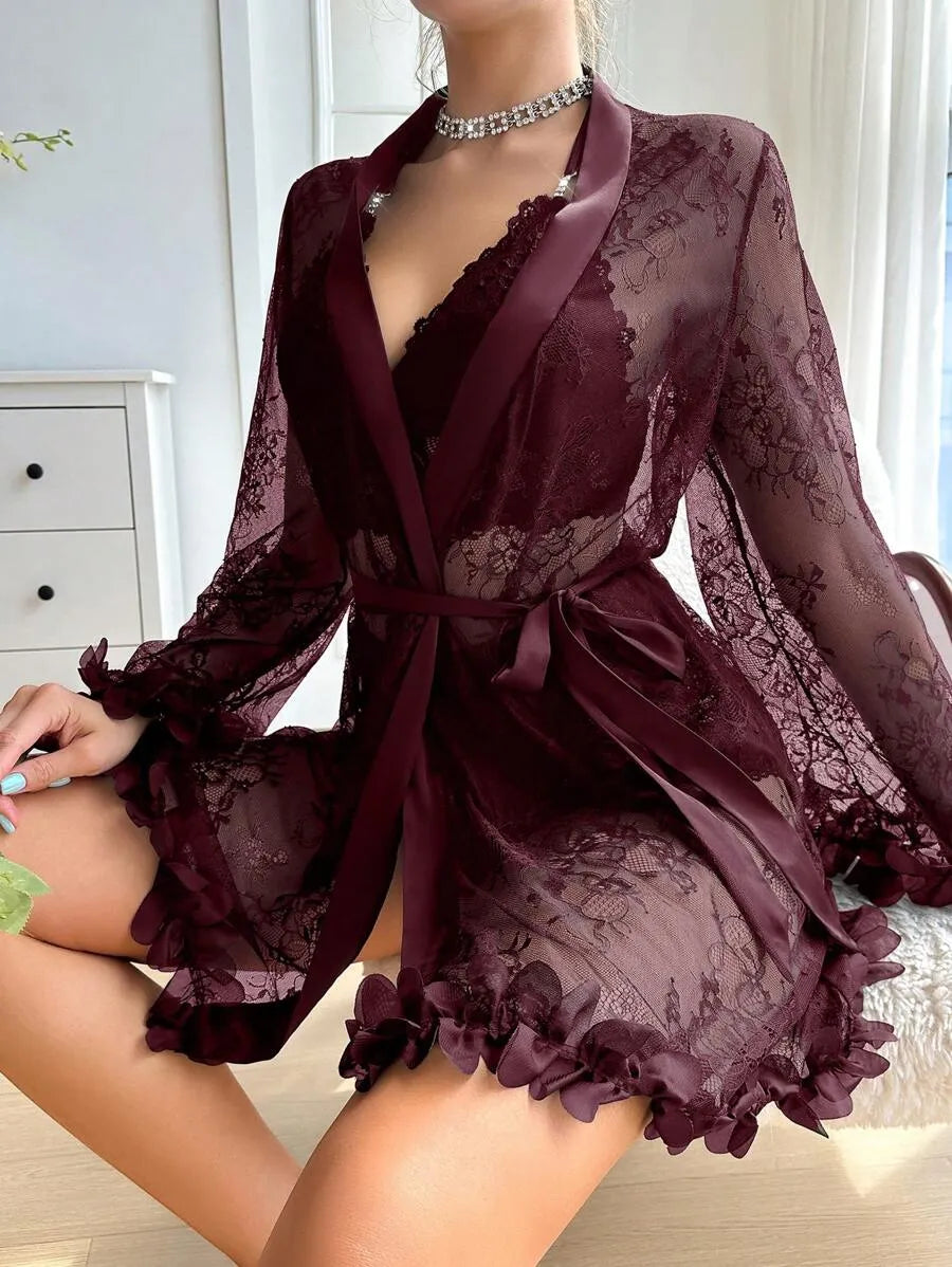 SilkySpell Women’s Lace Patchwork Sexy Sleepwear Set – Elegant and Comfortable Nightwear for Romantic Evenings and Lounging at Home