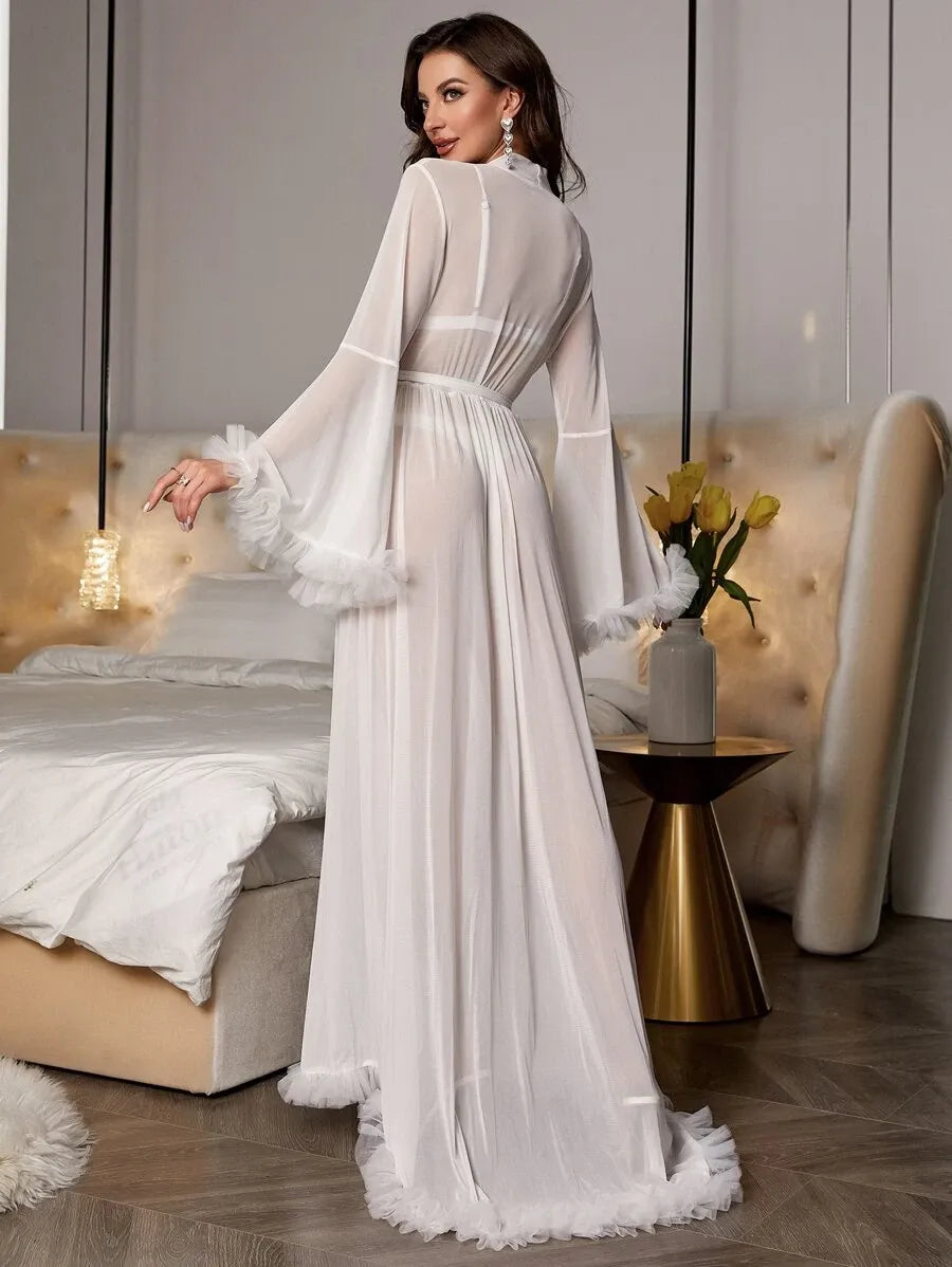 Women’s Contrast Mesh Trumpet Sleeve Belted Sleep Robe – Lightweight and Stylish Loungewear for Vacation, Relaxing, and Comfortable Sleep