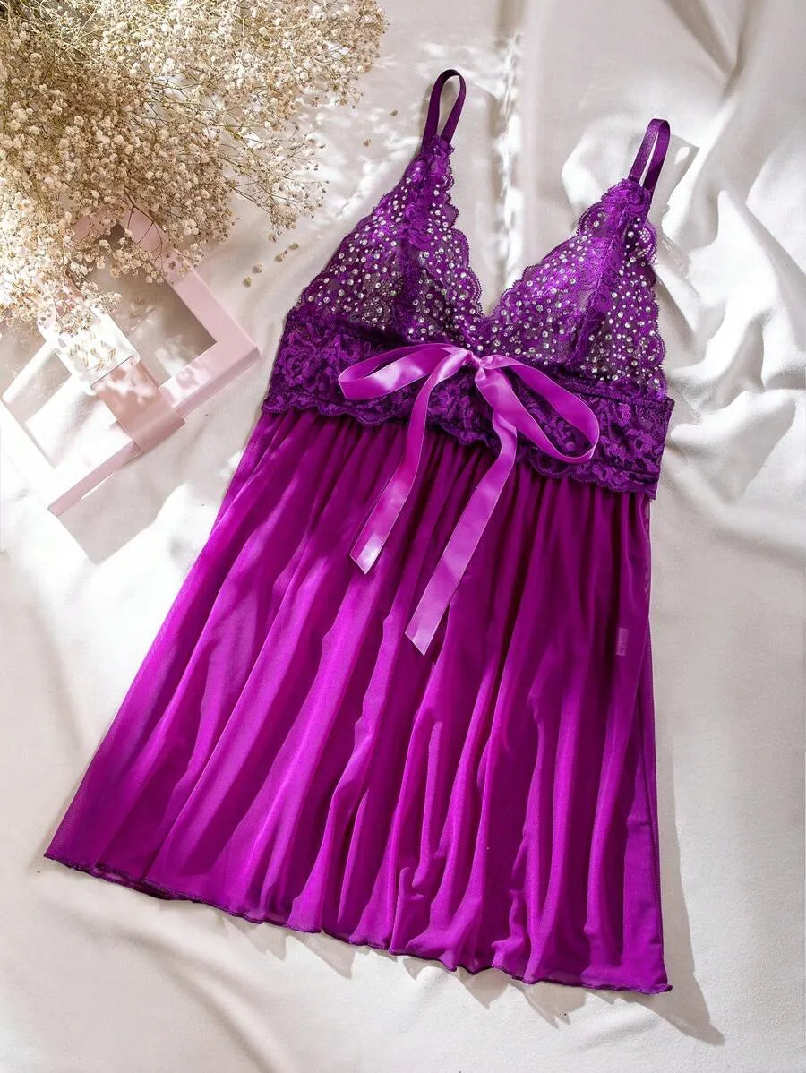 Contrast Lace Mesh Babydoll Sexy Lingerie Dress – Sheer and Elegant Babydoll Nightgown for Women, Perfect for Romantic Evenings, Sexy Nightwear, and Special Occasions