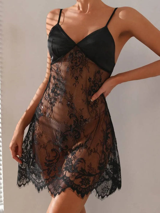 Women’s Solid Color Sexy Lace Splice Sling Nightdress – Lightweight and Breathable Summer Sleepwear for Comfortable Nights and Lounging