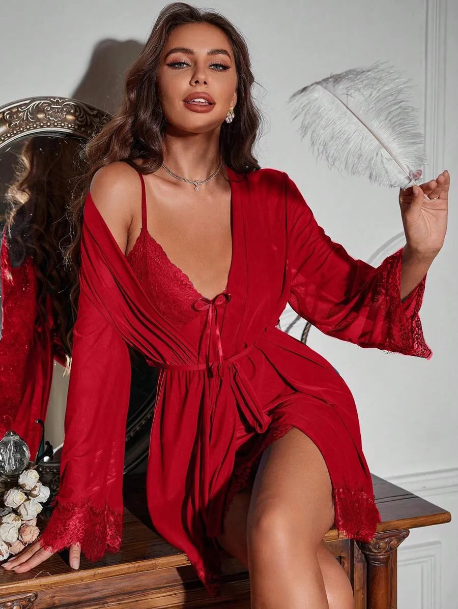 Women’s Contrast Lace Long Sleeve Robe and Strap Sleepwear Set – Elegant and Comfortable Loungewear for Relaxing at Home and Sleep