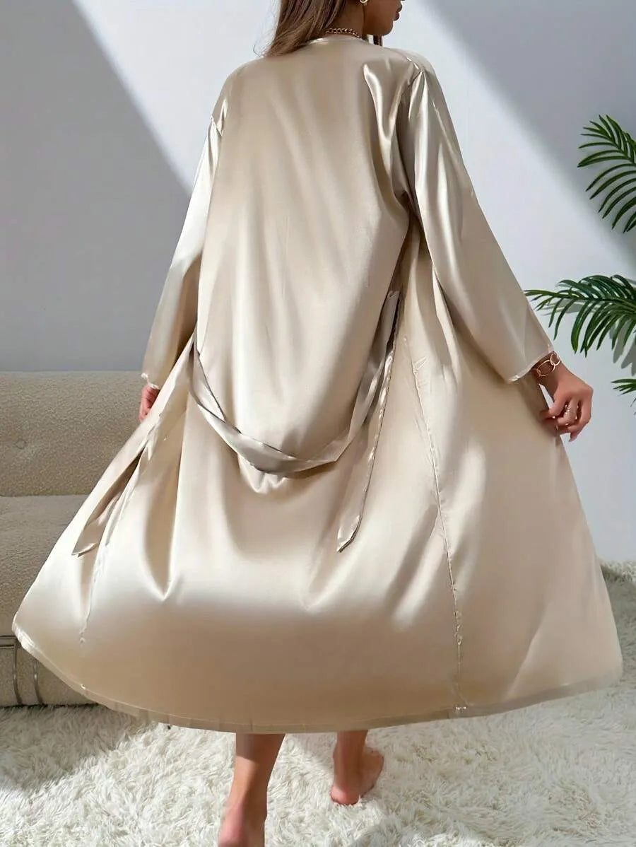 2-Piece Women’s Silk-Like Robe and Nightgown Set – Long Solid Color Robe with Elegant Sleepwear Dress Style, Comfortable Loungewear for Home, Sleeping, All Seasons, and Vacation